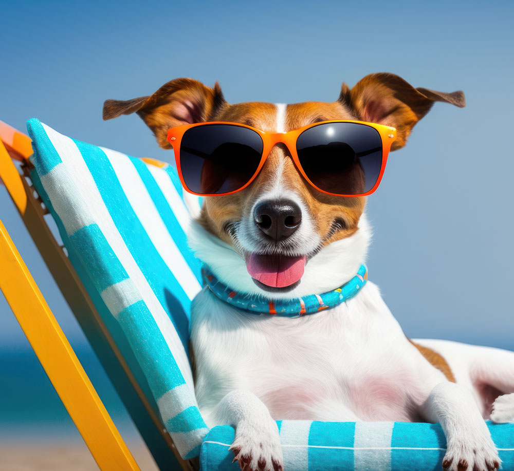 Happy dog on sun bed enjoying Summer