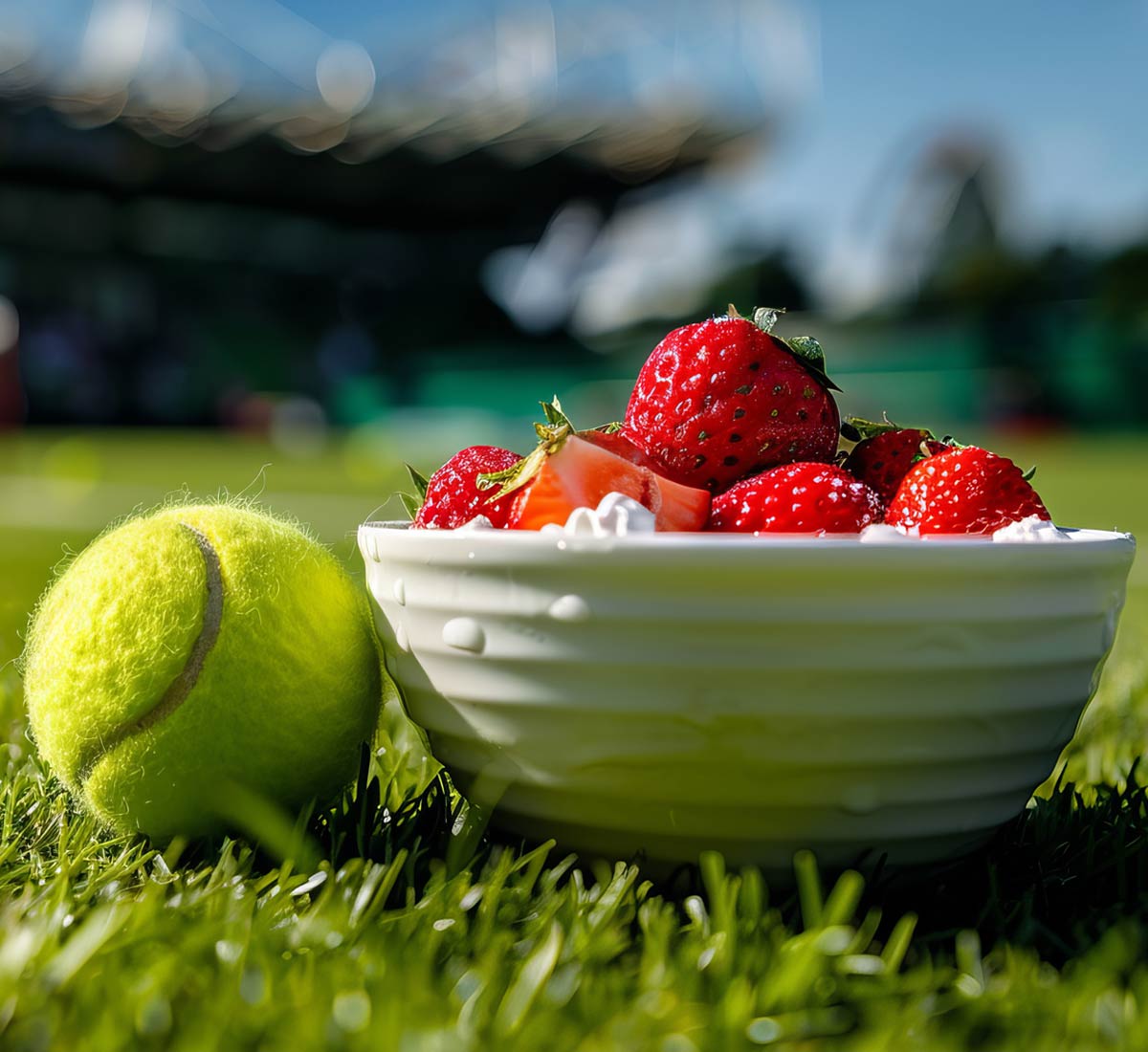Tennis ball, a bowl of strawberries and tennis court and pavilion in the background