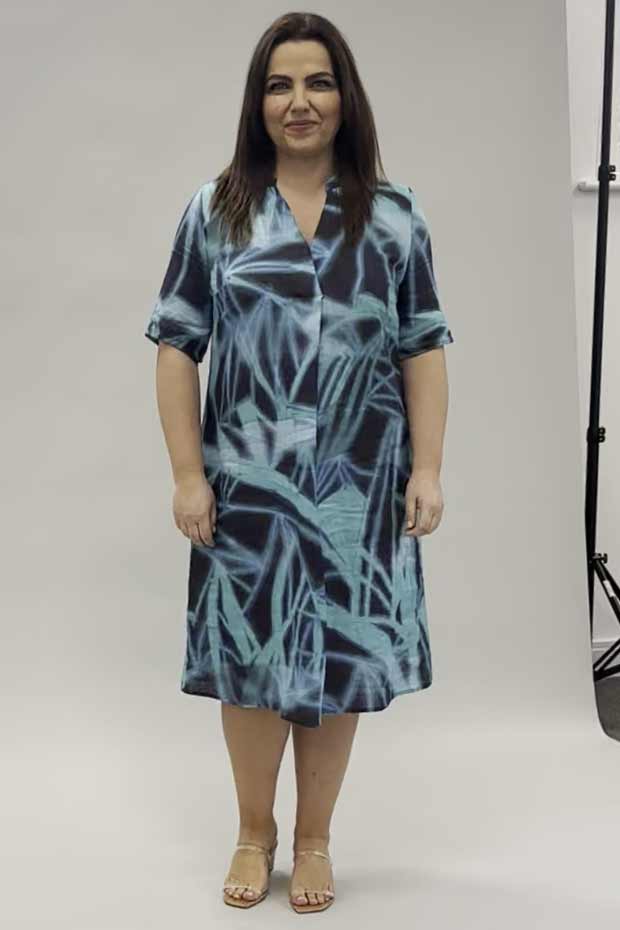 Doris Streich A-line linen dress - aqua/navy