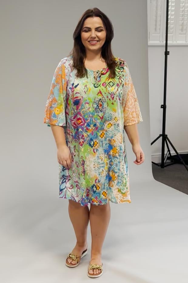 Orientique digital bell sleeve dress/tunic - pastels