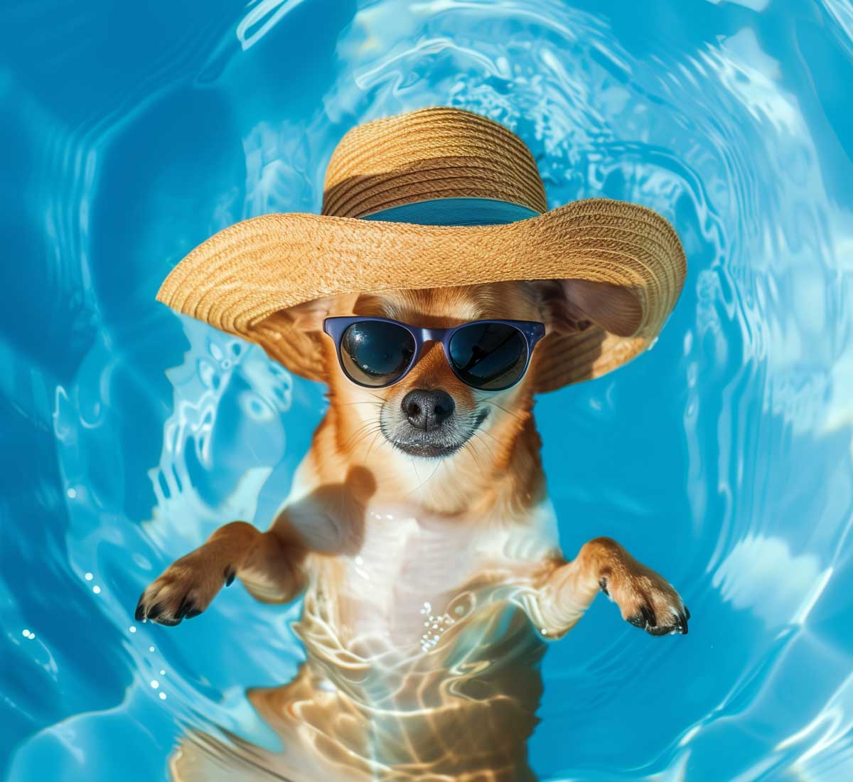 Cool dog floating in swimming pool with a hat and sunglasses
