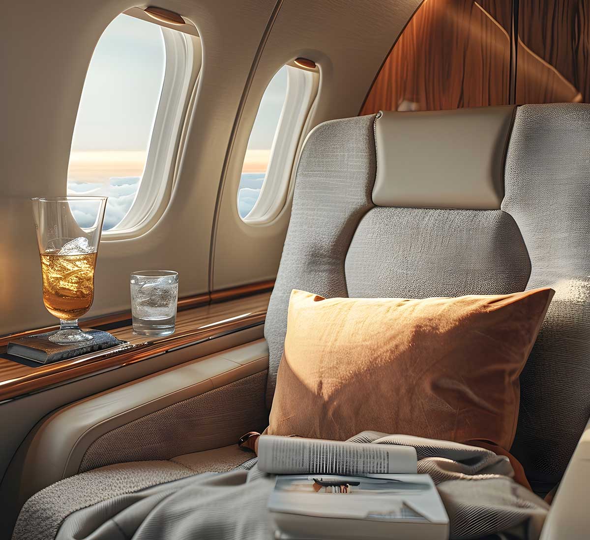 Luxurious seating inside private jet