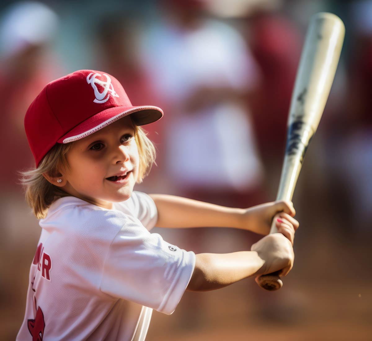 Young female baseball pleaser about to take a swing at an on coming ball, with crowd in background