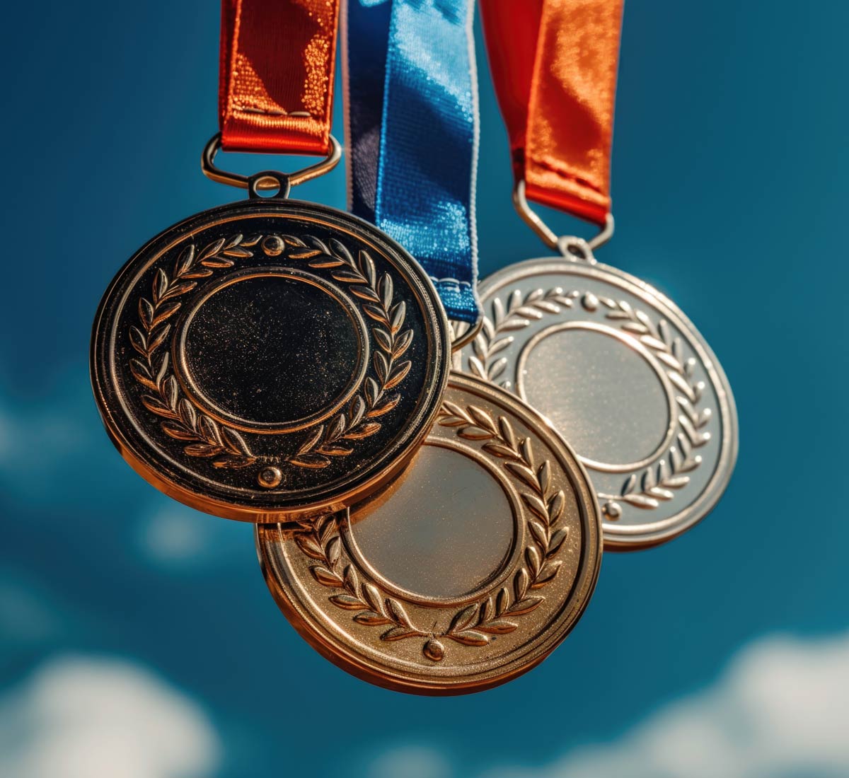 Olympic Style medals hanging set against a dark blue sky