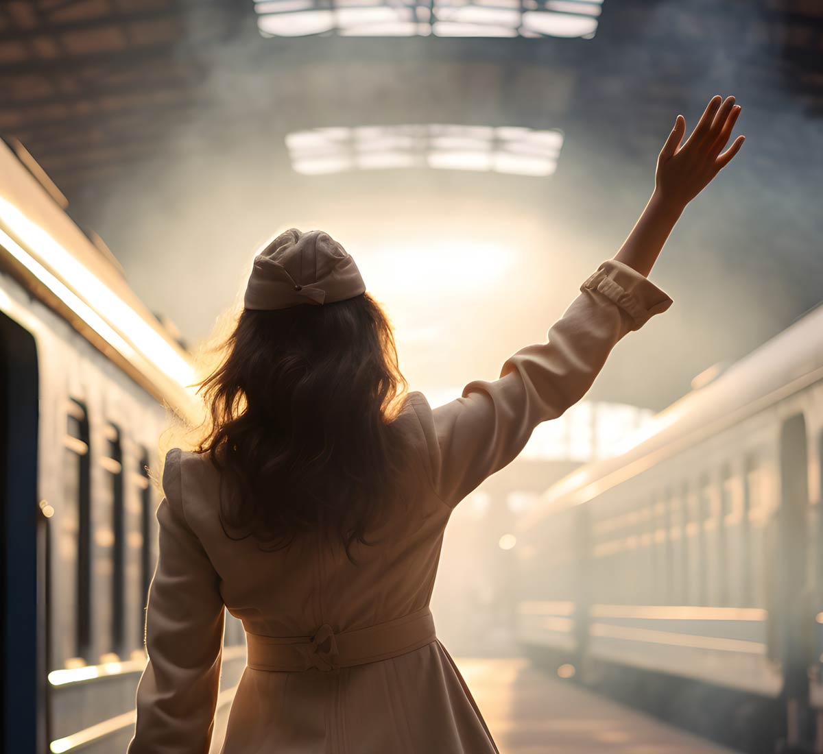 Young lady in a train station with her back to the viewer waving at someone unseen