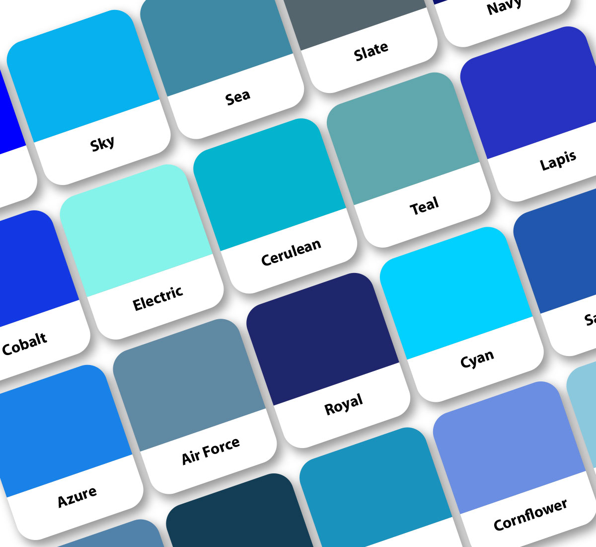 Colour swatches of different blue with common names
