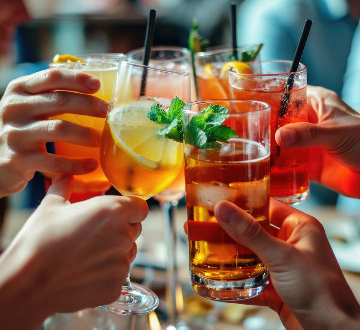 Close up of six cocktail drinks being clinked together - cheers!