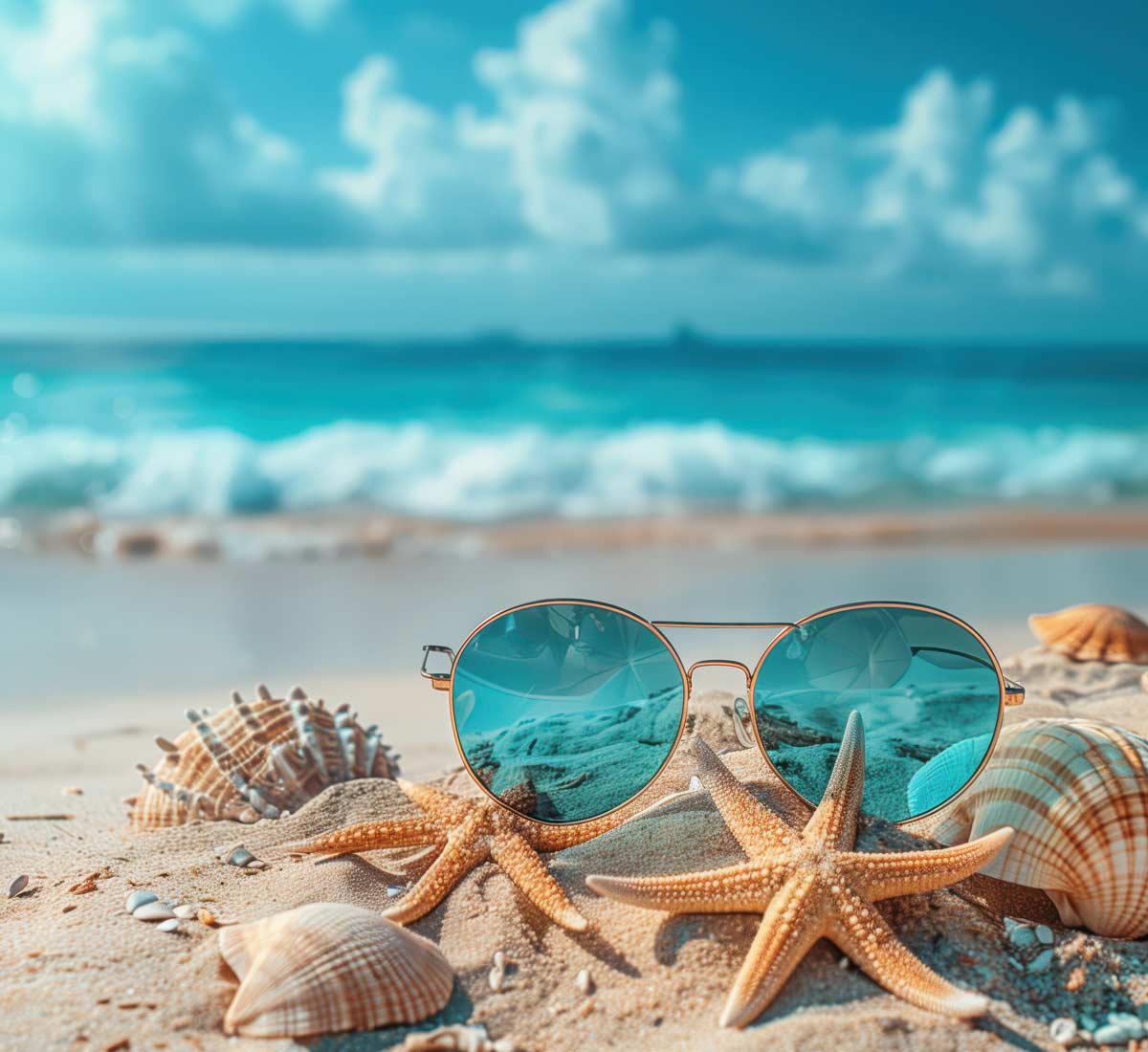 Tropical beach with sand, surf, sunglasses and sea shells