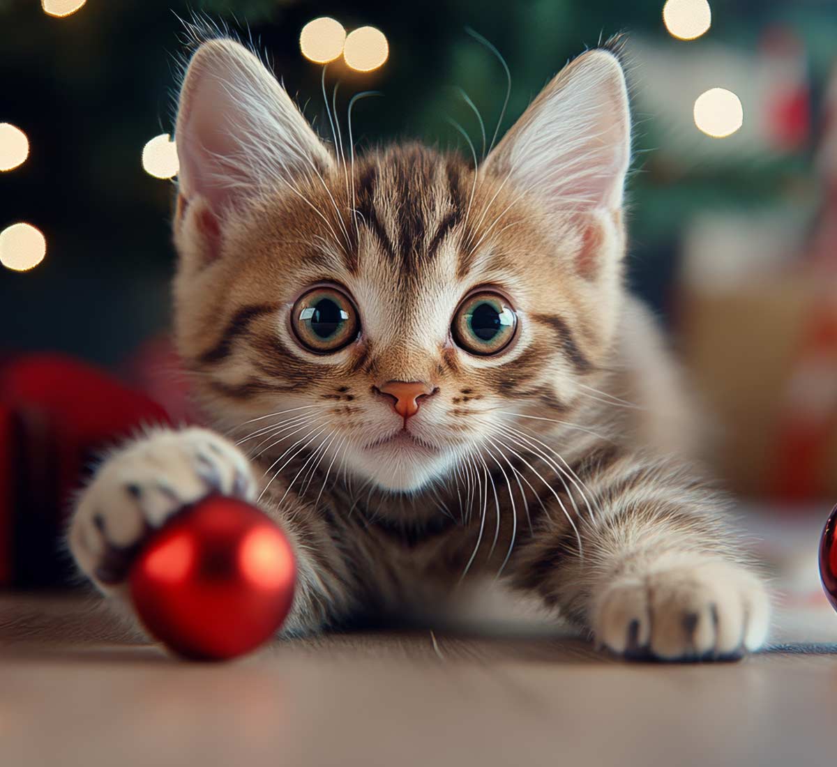 Cute and alert kitten playing with Christmas baubles