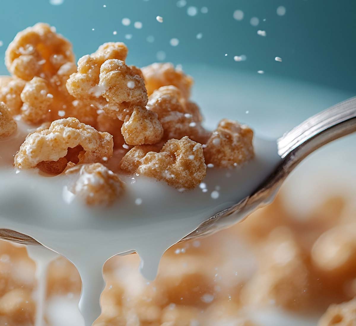 Close up of spoon with breakfast cereal and dripping milk