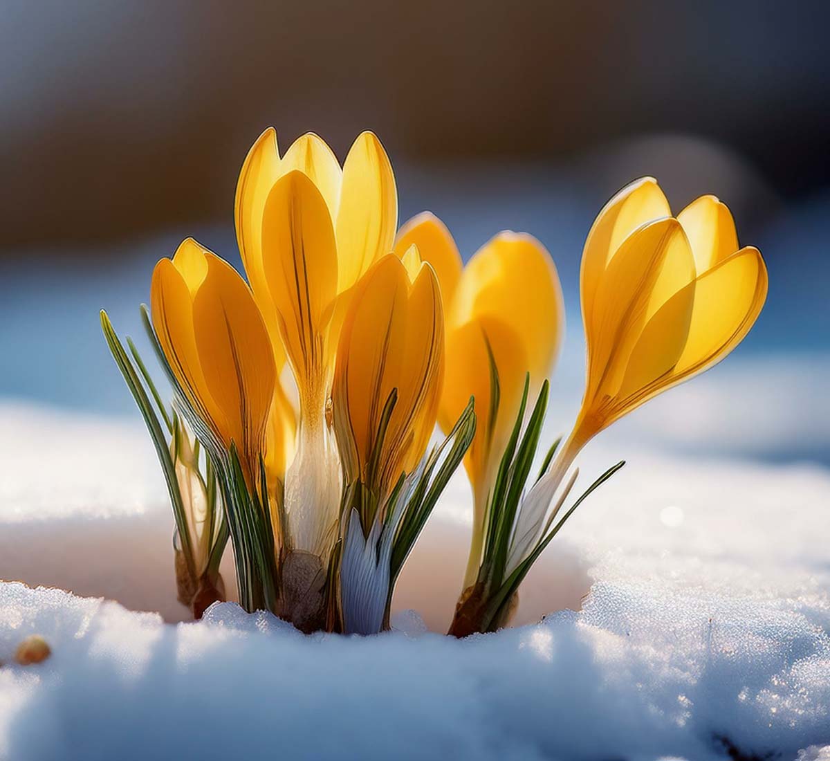 Yellow crocuses bursting from snow covered ground ion a bright early spring day