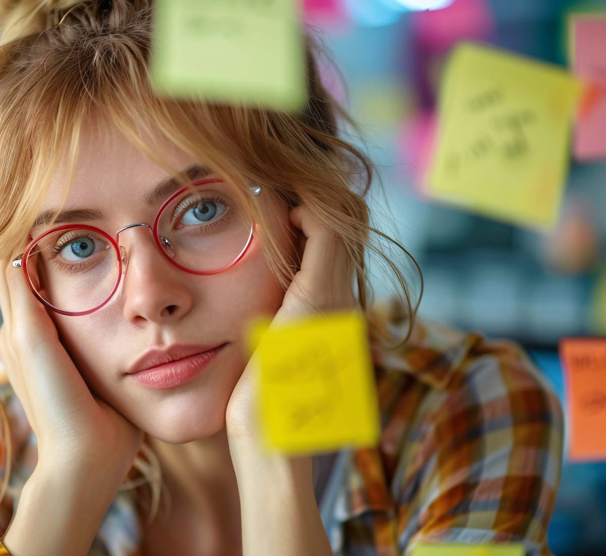 young woman looking overwhelmed at the amount of post it notes around her