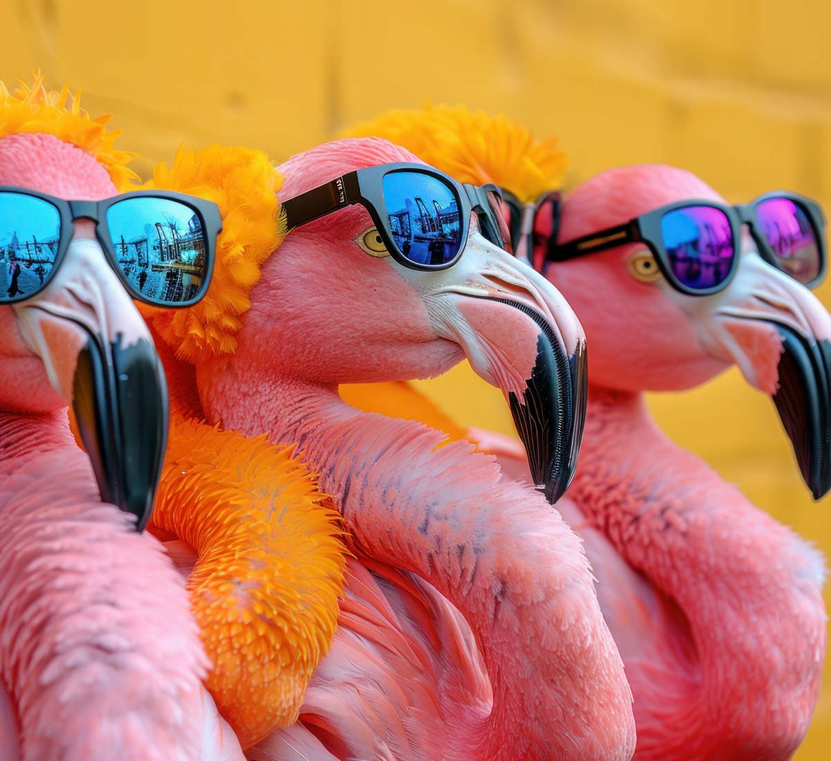 Flamingo's wearing sunglasses looking very cool!