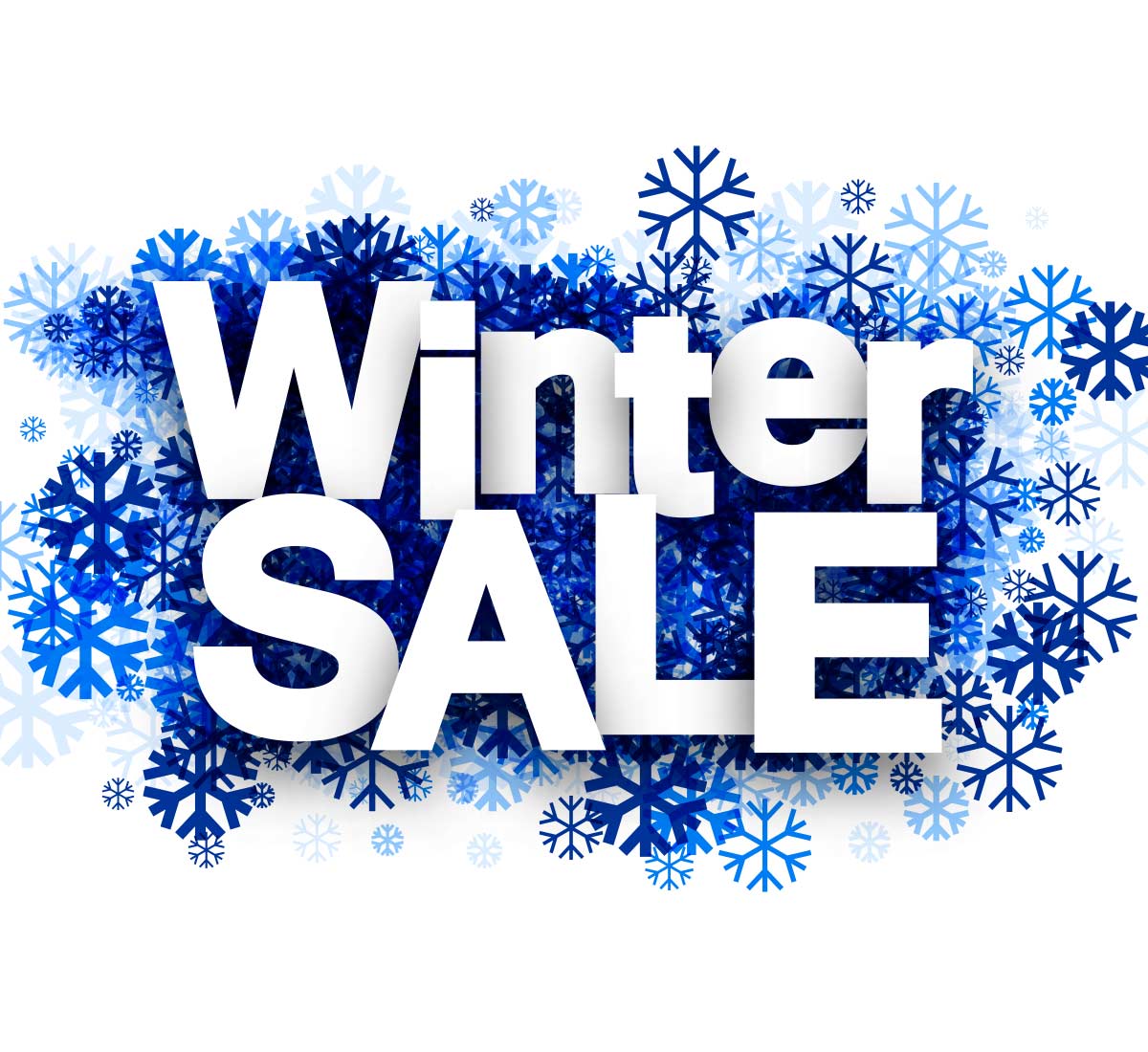 Winter Sale graphic with blue snow flake styled background on white