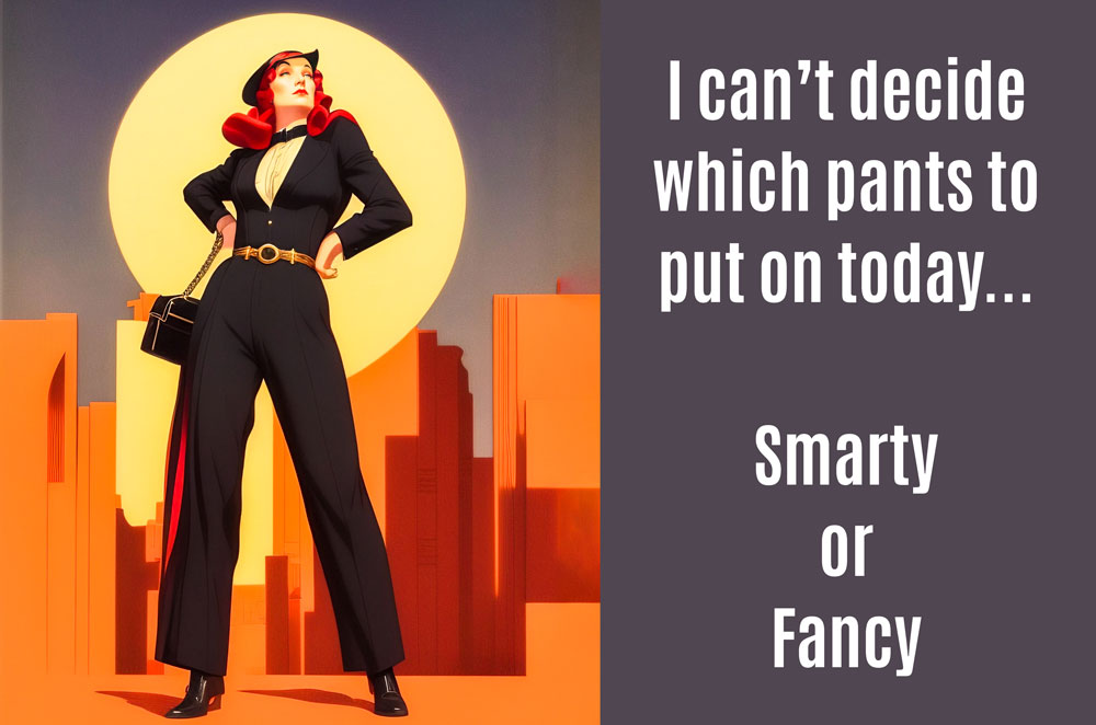 Stong woman deciding which pants - sassy or smarty