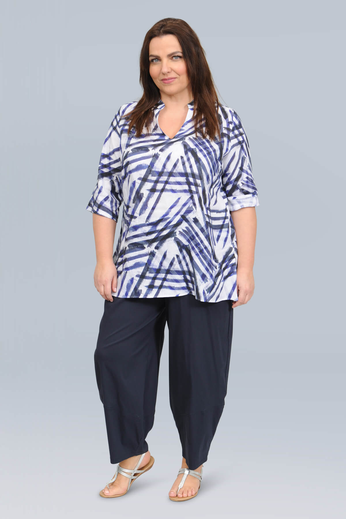 doris streich criss cross linen tunic - blue/white