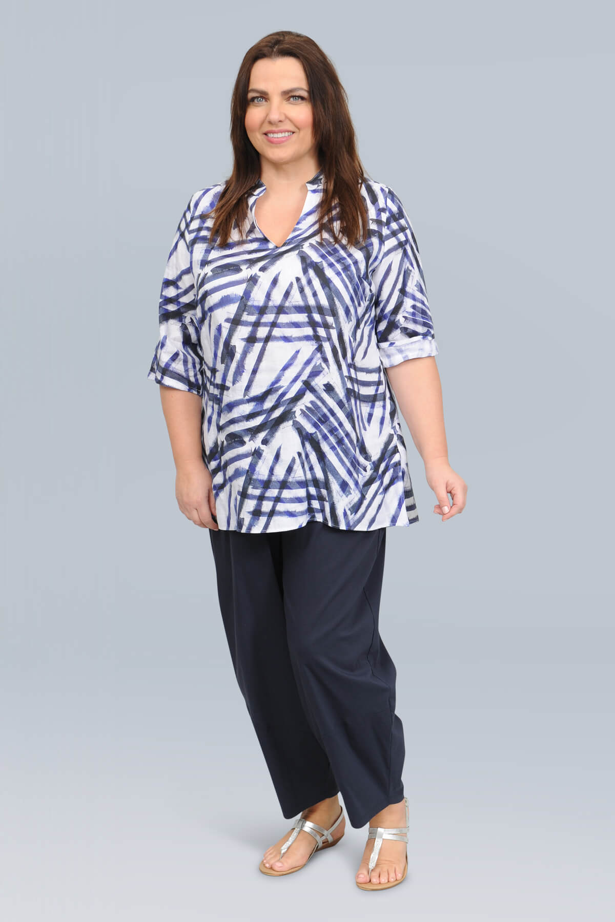doris streich criss cross linen tunic - blue/white
