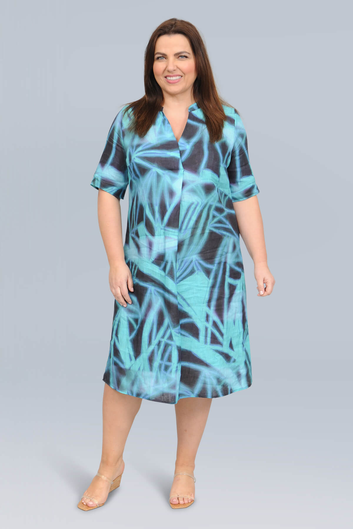 Doris Streich A-line linen dress - aqua/navy