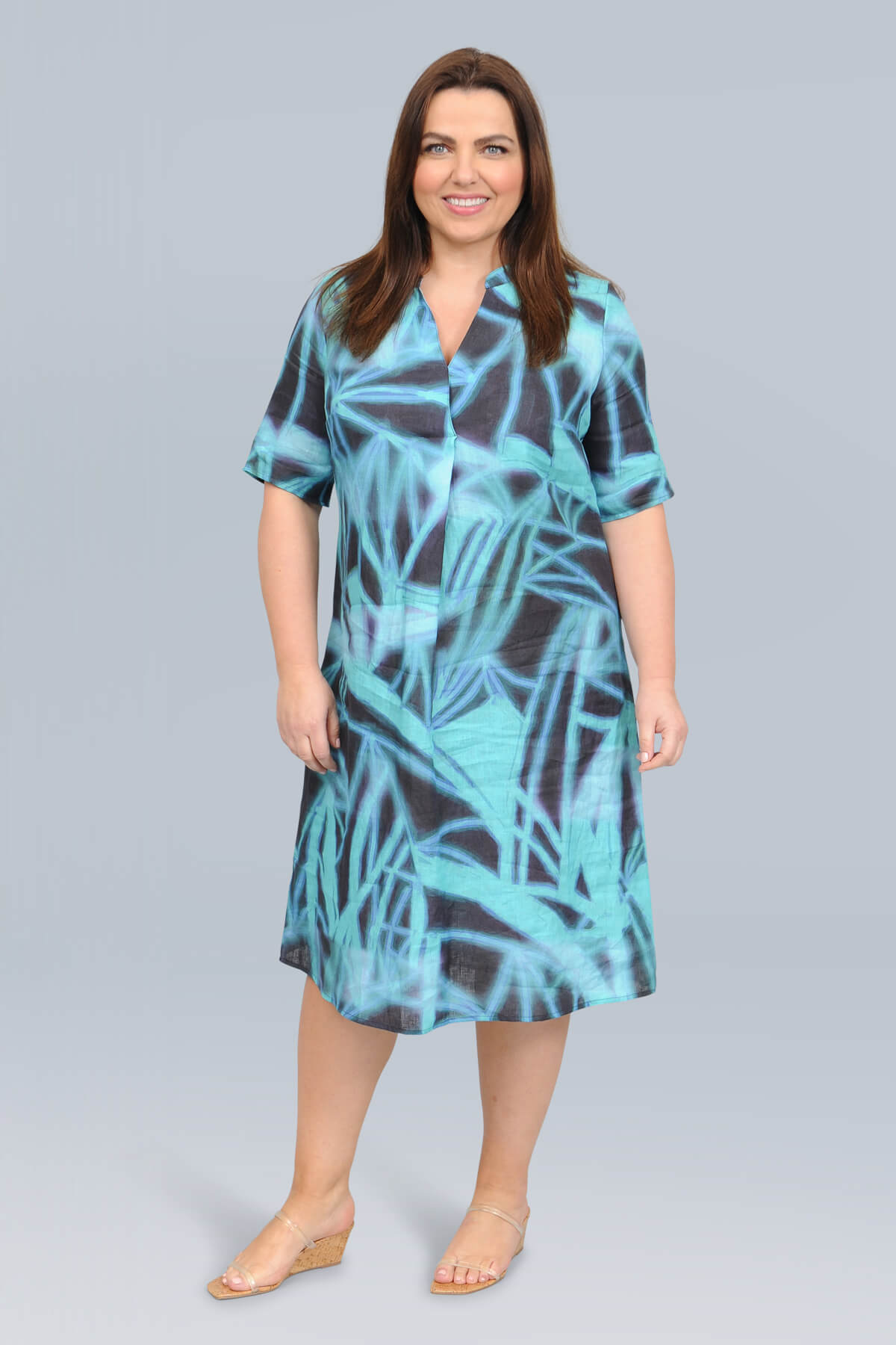 Doris Streich A-line linen dress - aqua/navy