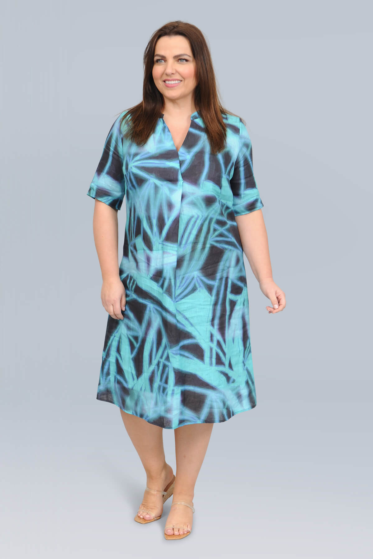 Doris Streich A-line linen dress - aqua/navy