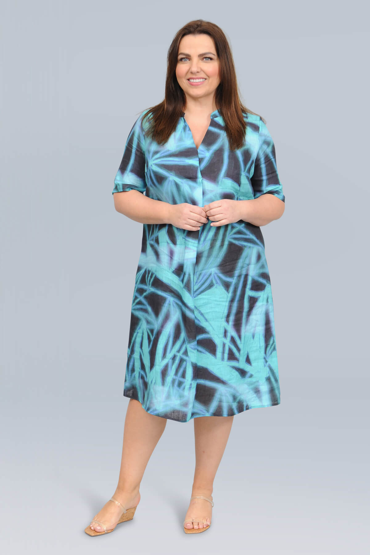 Doris Streich A-line linen dress - aqua/navy