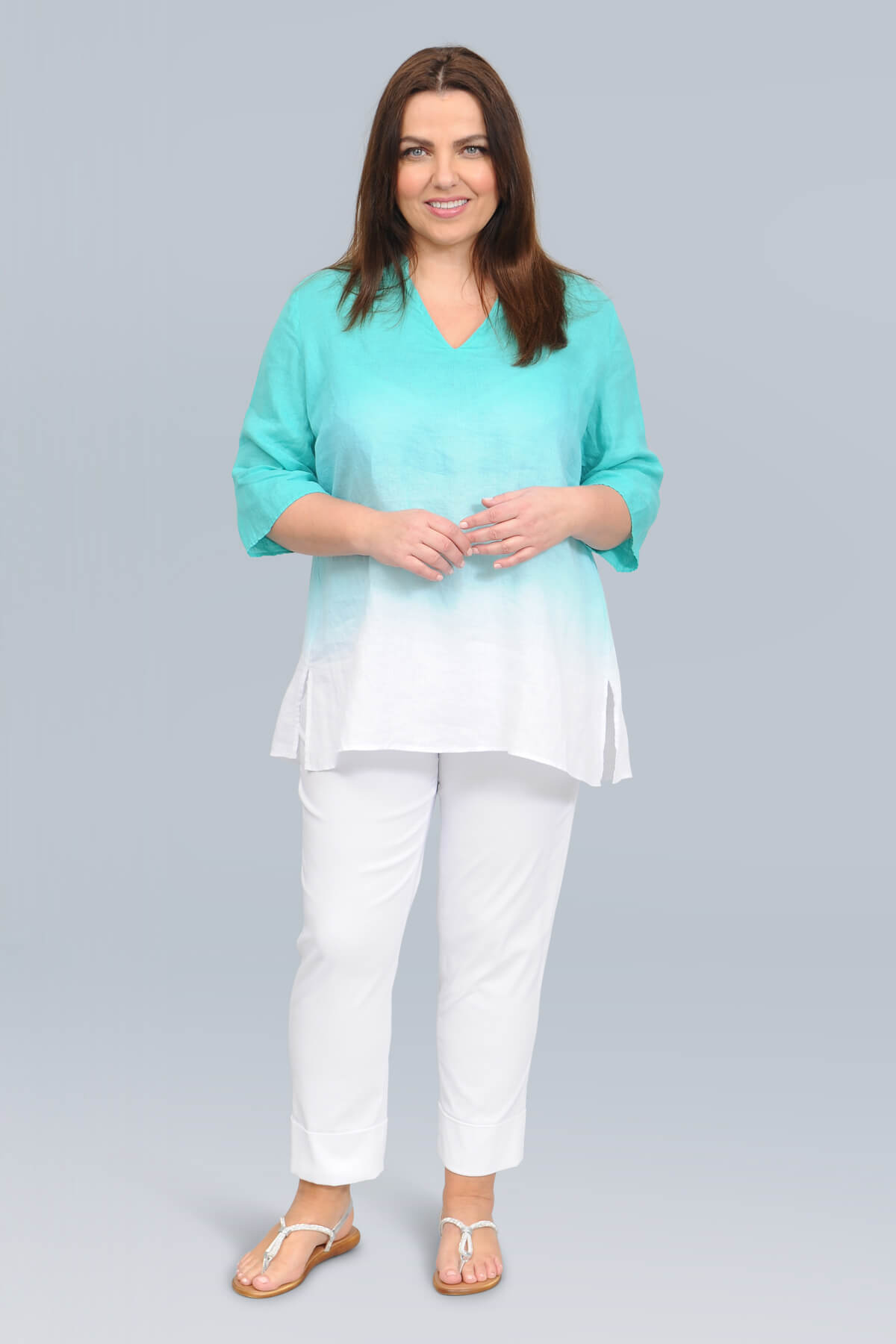 Doris Streich shaded linen tunic - aqua/white