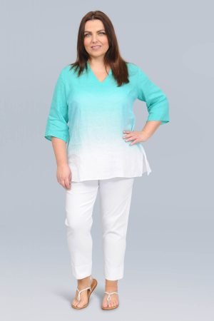 The model in this photograph is wearing a fresh and fabulous 'shaded' linen tunic from Doris Streich for curvy girls at Bakou London