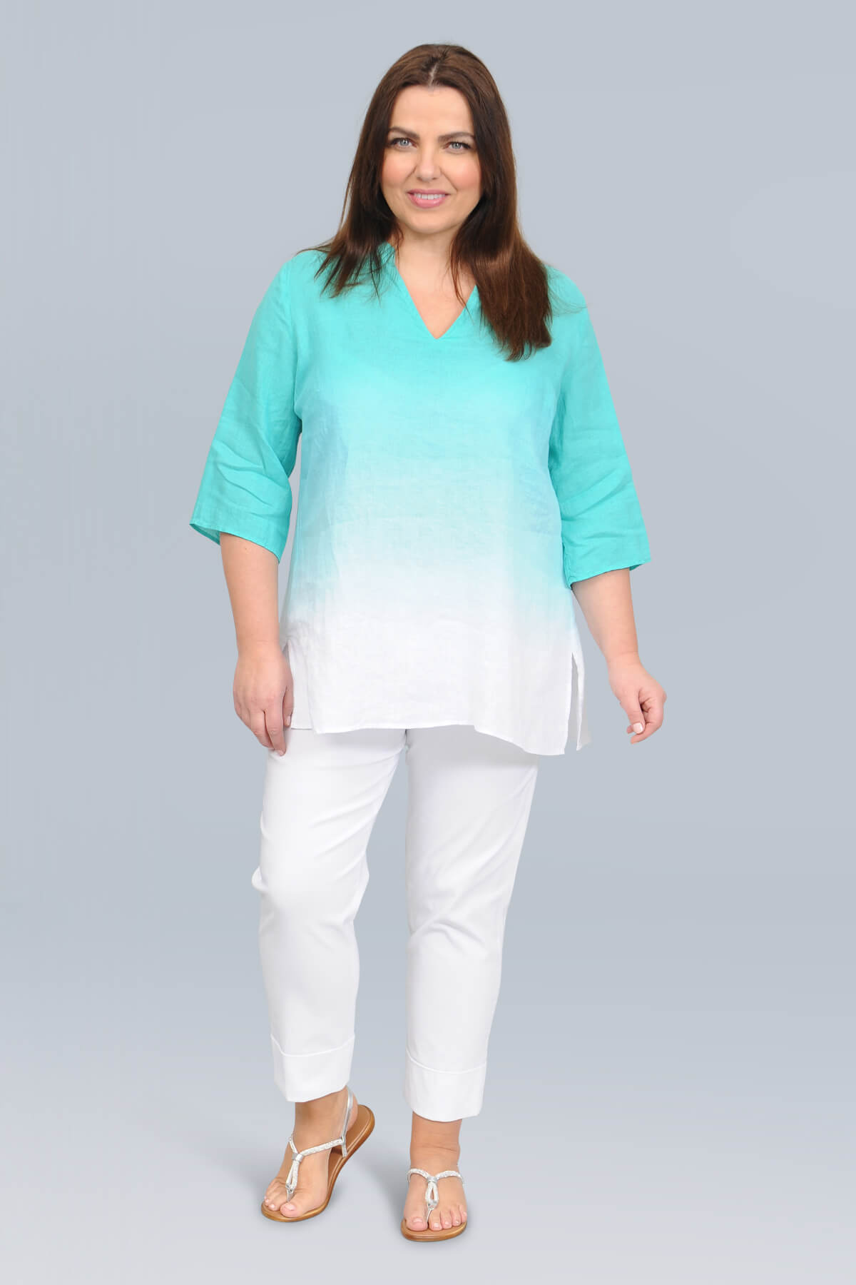 Doris Streich shaded linen tunic - aqua/white
