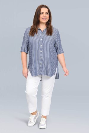 The model in this photo is wearing a silky soft viscose striped shirt by German designers K J Brand at Bakou for larger ladies