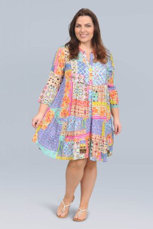 The model in this photo is wearing a feminine patchwork Chloe dress or long tunic by Escape at Orientique from Bakou London