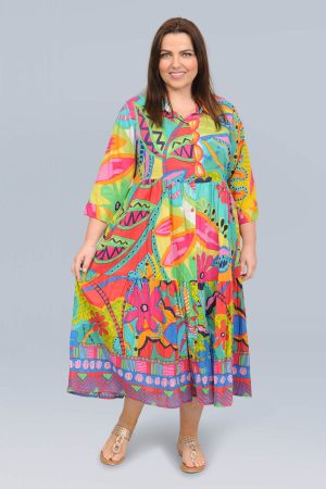 The model in this photo is wearing a sensational Orientique San Miguel shirt dress in plus sizes at Bakou London