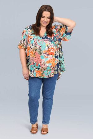 The model in this photo is wearing a floaty and feminine Yakushima oversized top from Orientique at Bakou London