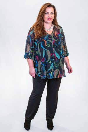 This model is wearing a stunning v neck sheer top in a paisley print from Verpass in plus sizes from Bakou in London