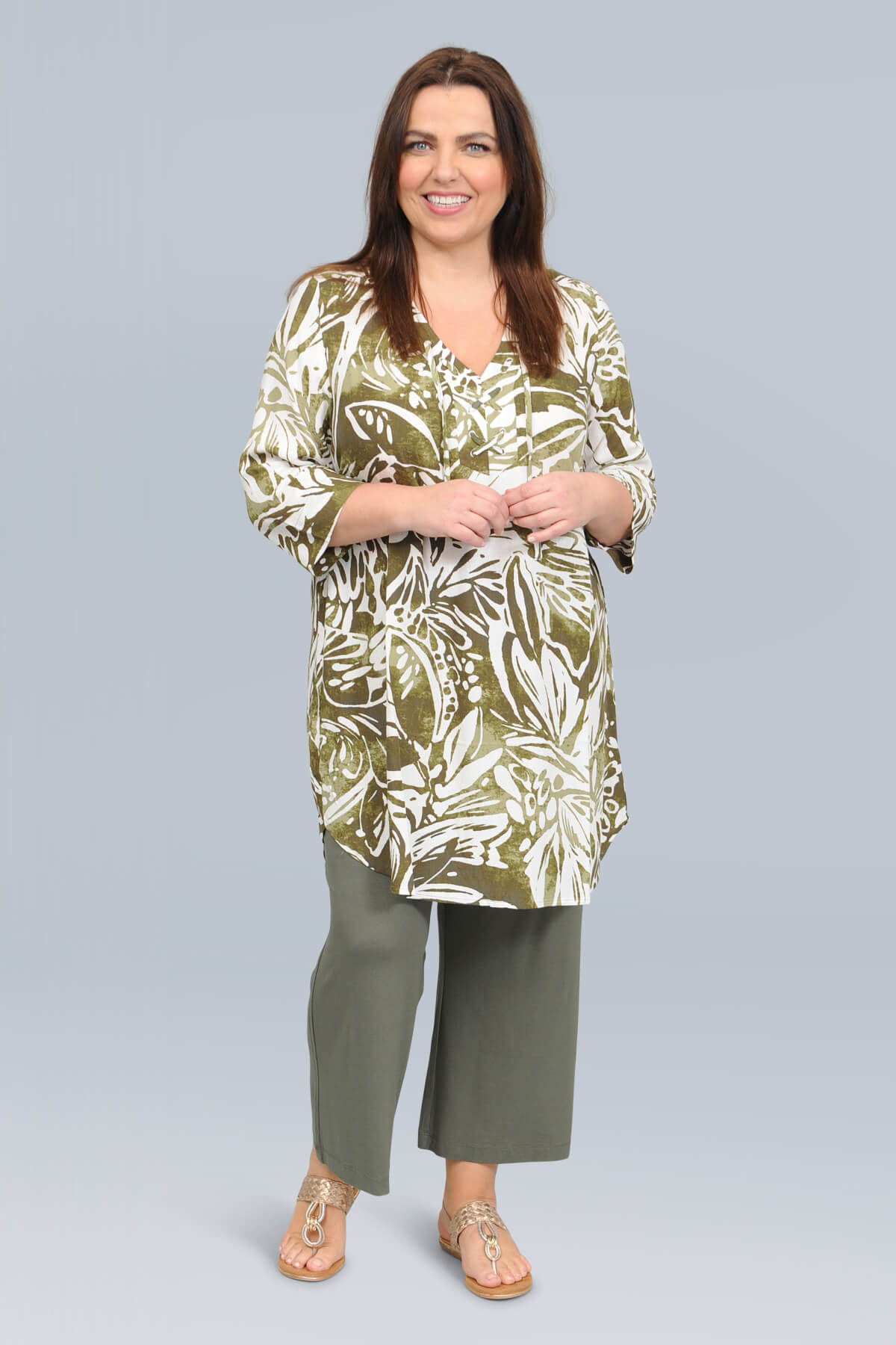 Via Appia floral tunic - khaki/off white