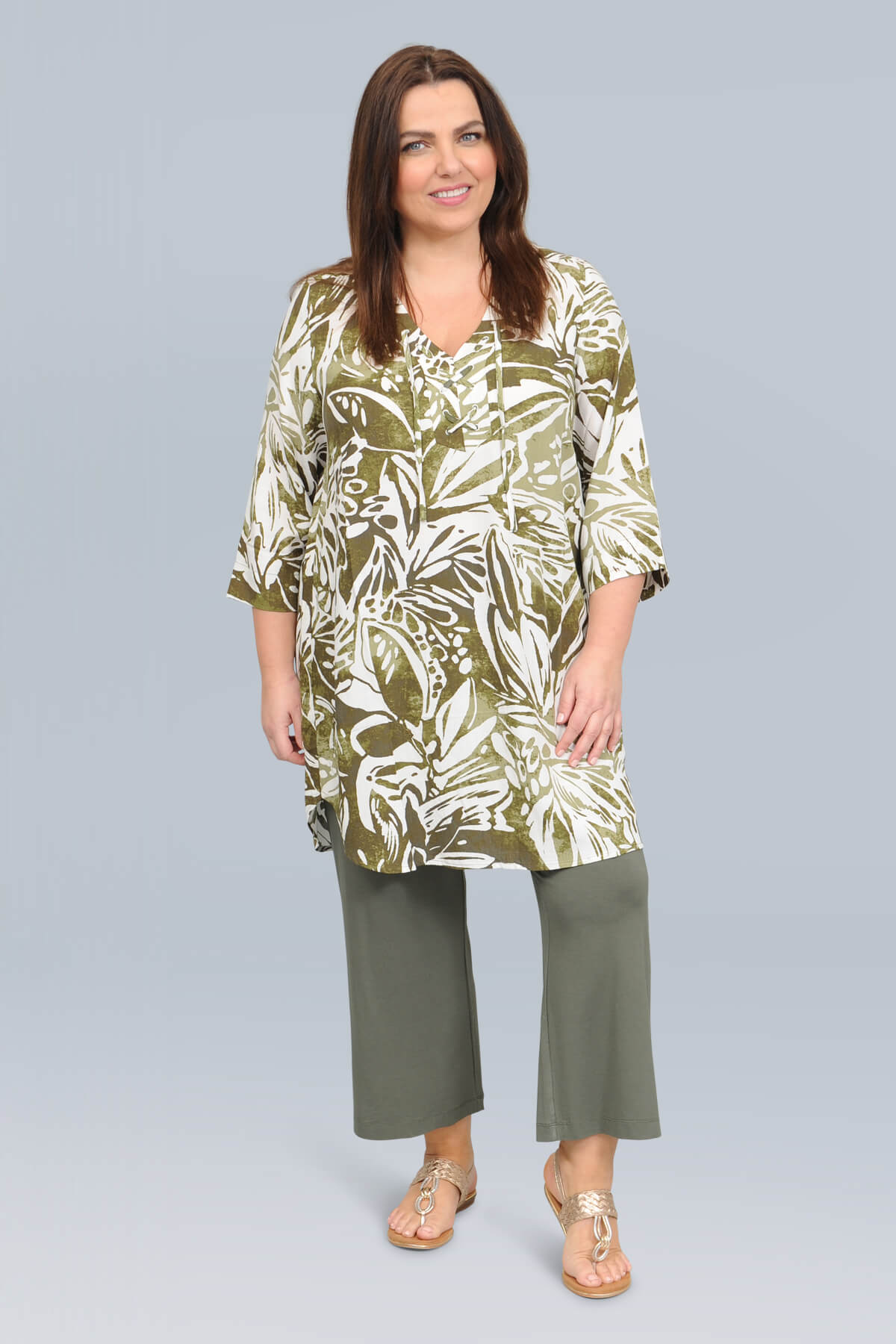 Via Appia floral tunic - khaki/off white
