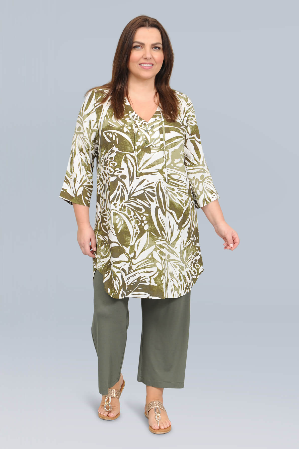 Via Appia floral tunic - khaki/off white