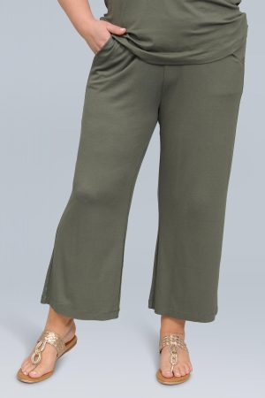 The model in this photo is wearing wide leg jersey crops from Via Appia at Bakou